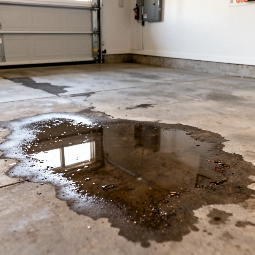 Diagram showing common sources of water damage in garage floors for prevention.