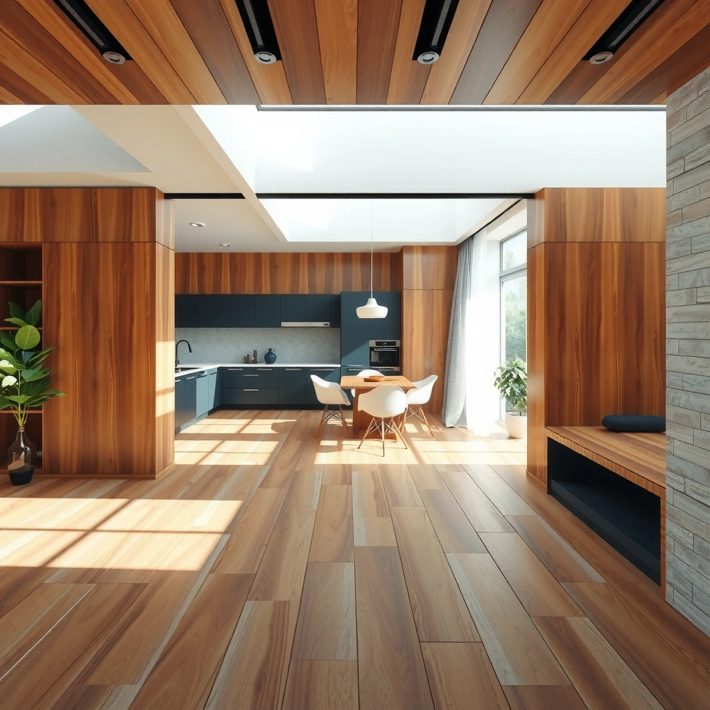 A close-up of wood-look tile showing different finishes: gloss, matte, and sealed.