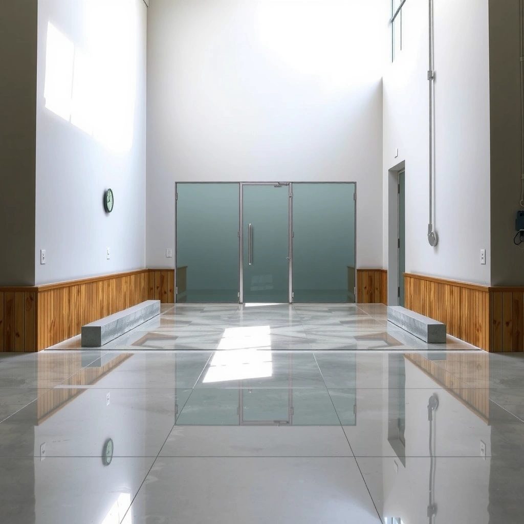 Polished concrete floor showing areas needing waterproofing for durability and protection