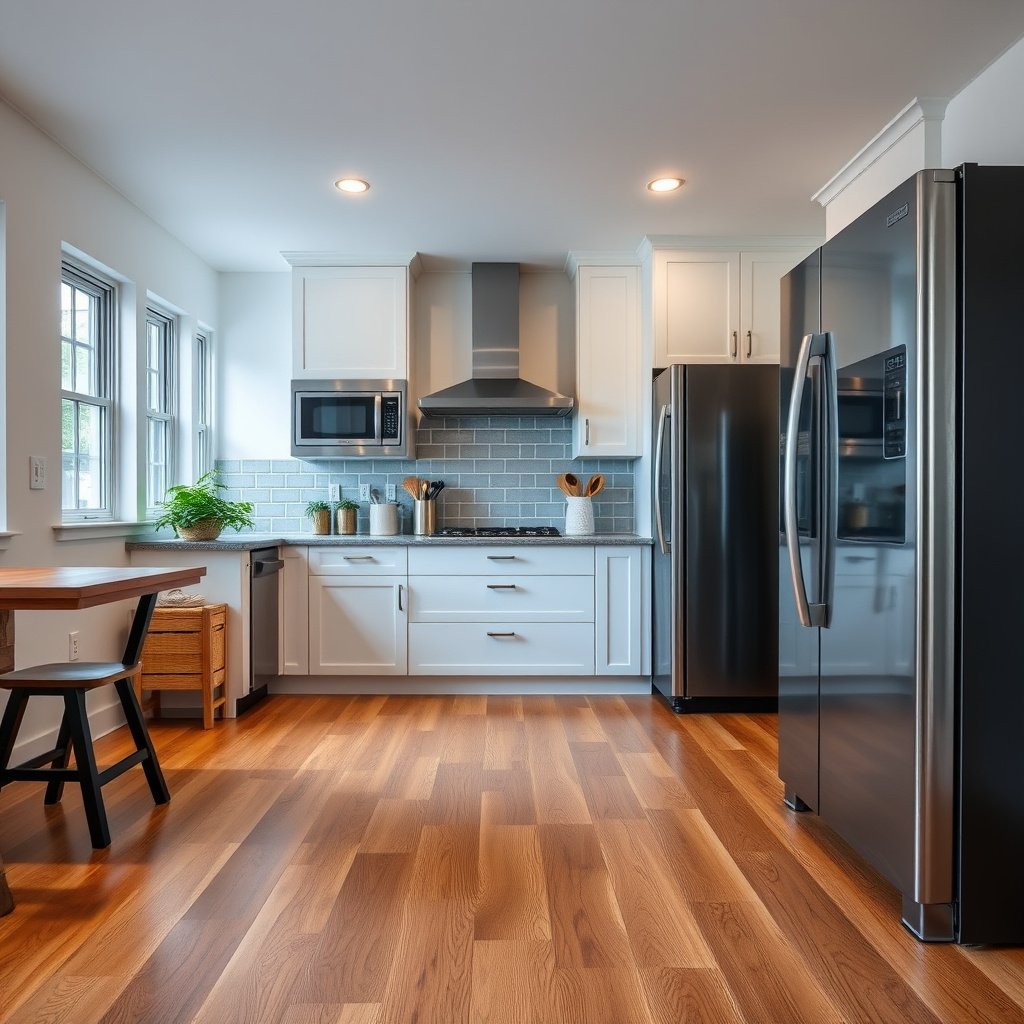 Image showing safety solutions for improving traction on hardwood kitchen floors to prevent slips.