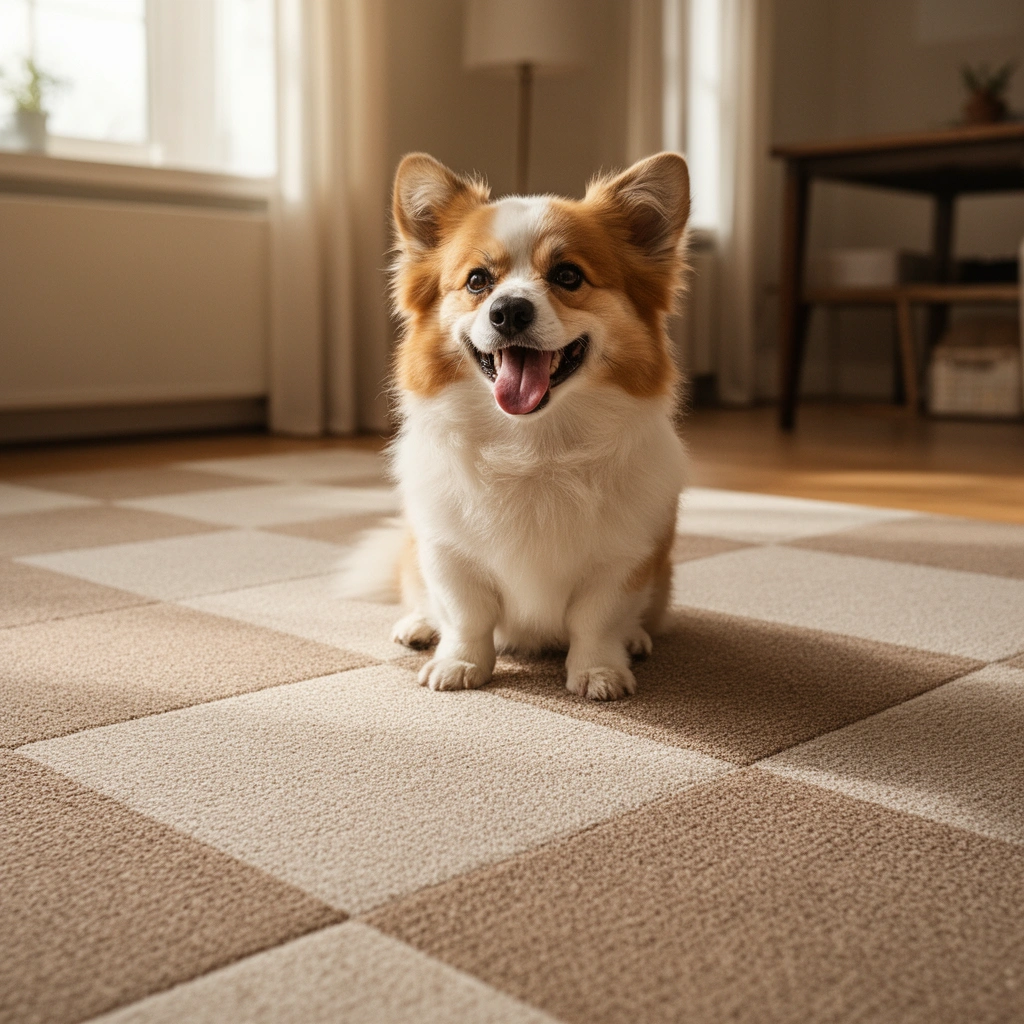 A person inspecting a hidden area of carpet tiles before polishing, ensuring a cleaner finish.