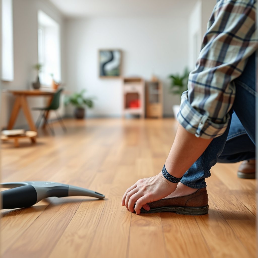 A person inspecting lifting parquet floors to prepare for repair.
