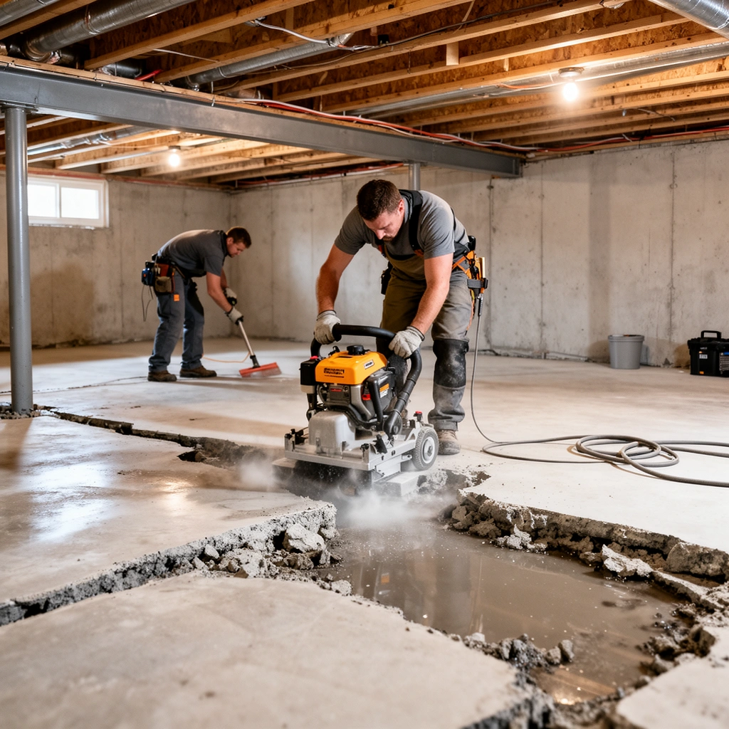 A person checking the basement floor for pipes and wires before cutting, ensuring safety.