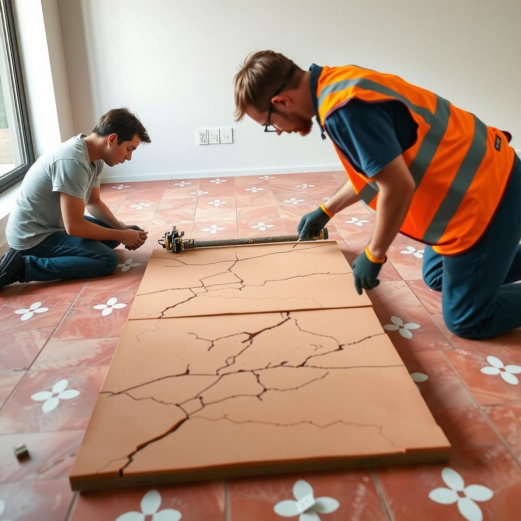 A person inspecting a crack in a terracotta floor to determine the extent of the damage.