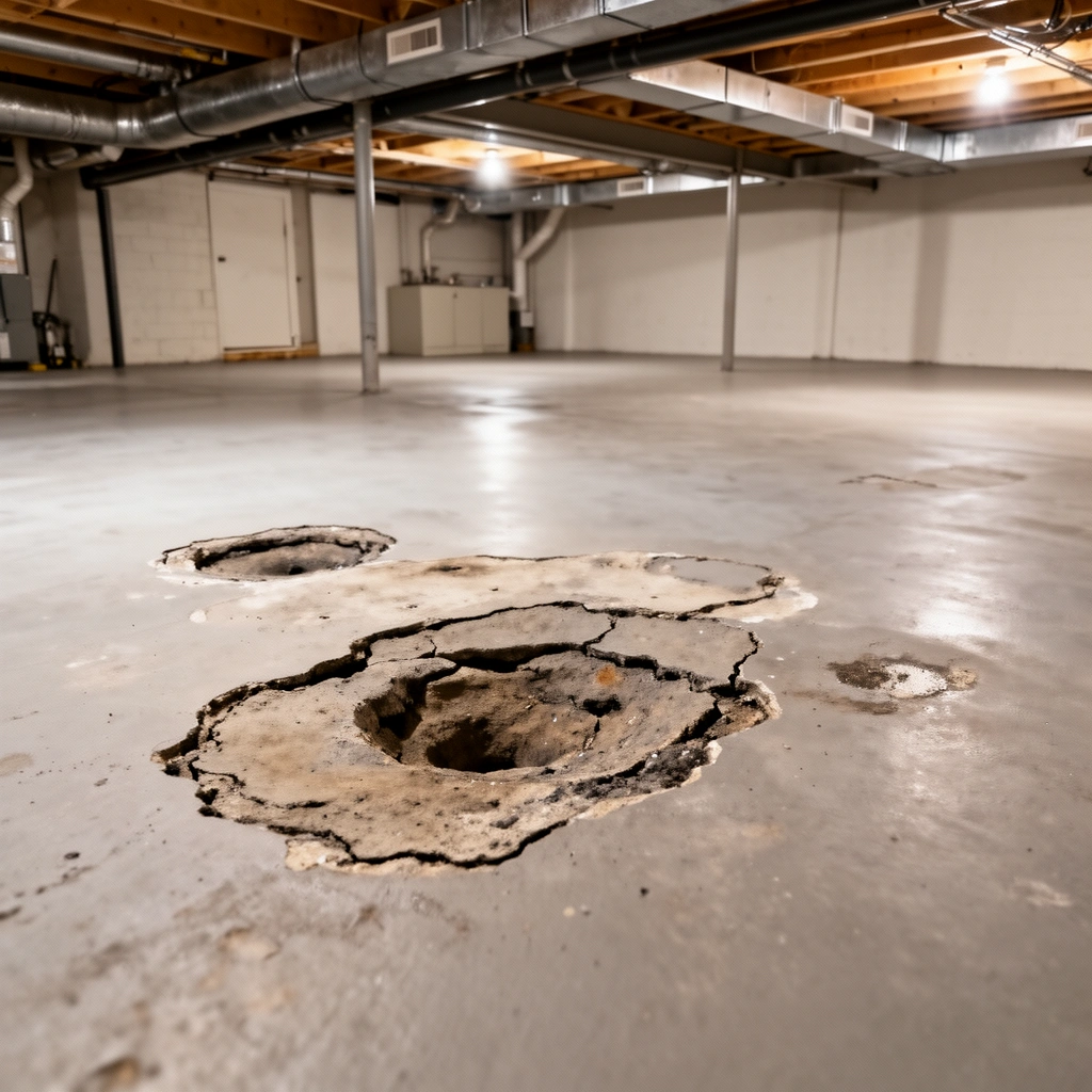 A homeowner inspecting a dent in a basement floor to determine the cause of the damage.