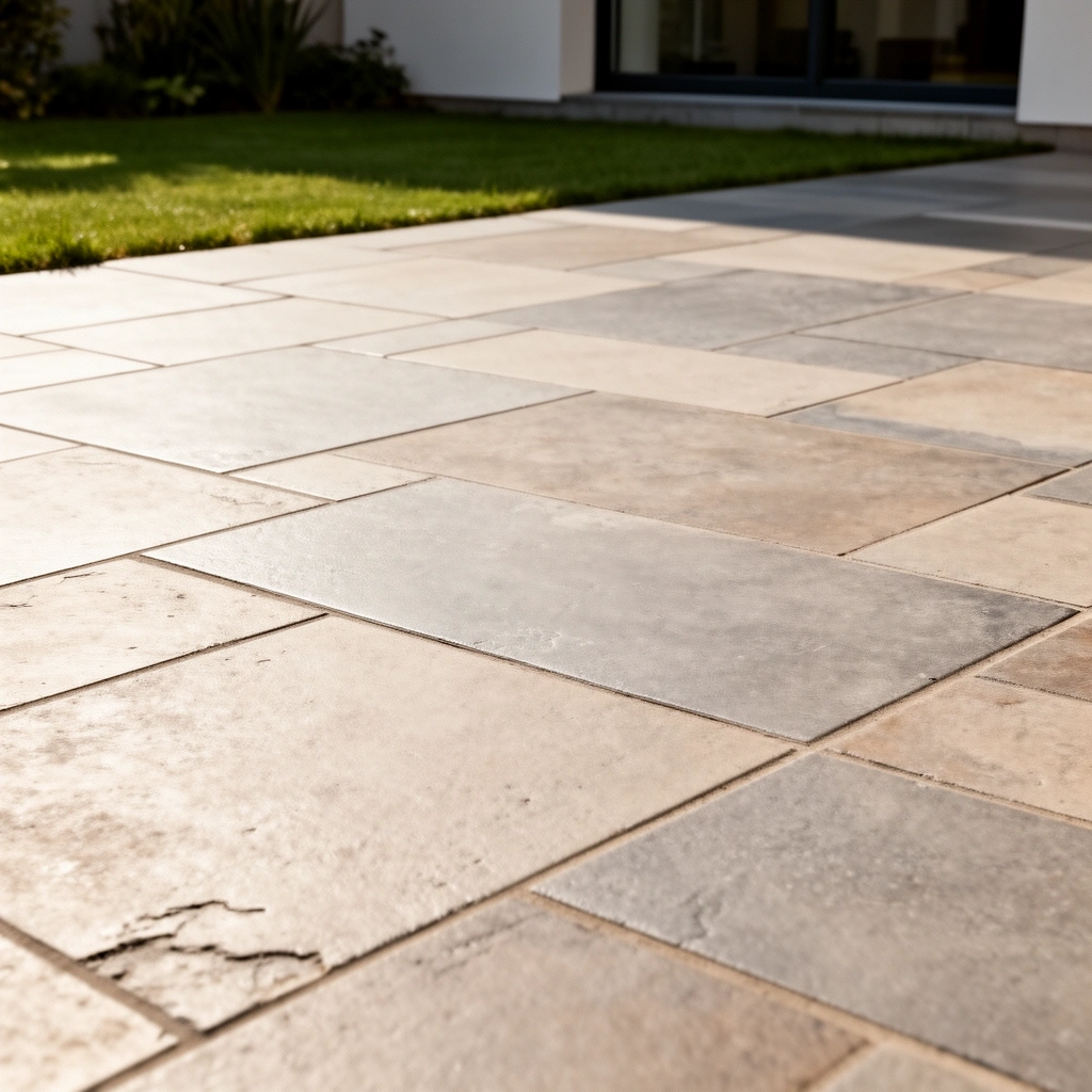 A homeowner checking the condition of an existing patio floor before installation.