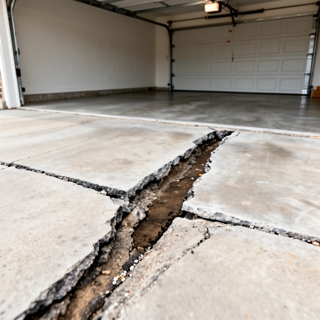 A person inspecting a gap in a garage floor before applying repair materials.