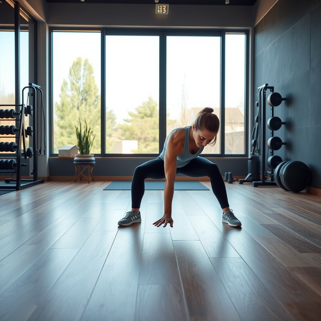 A person inspecting hardwood floors to prepare for a home gym setup.
