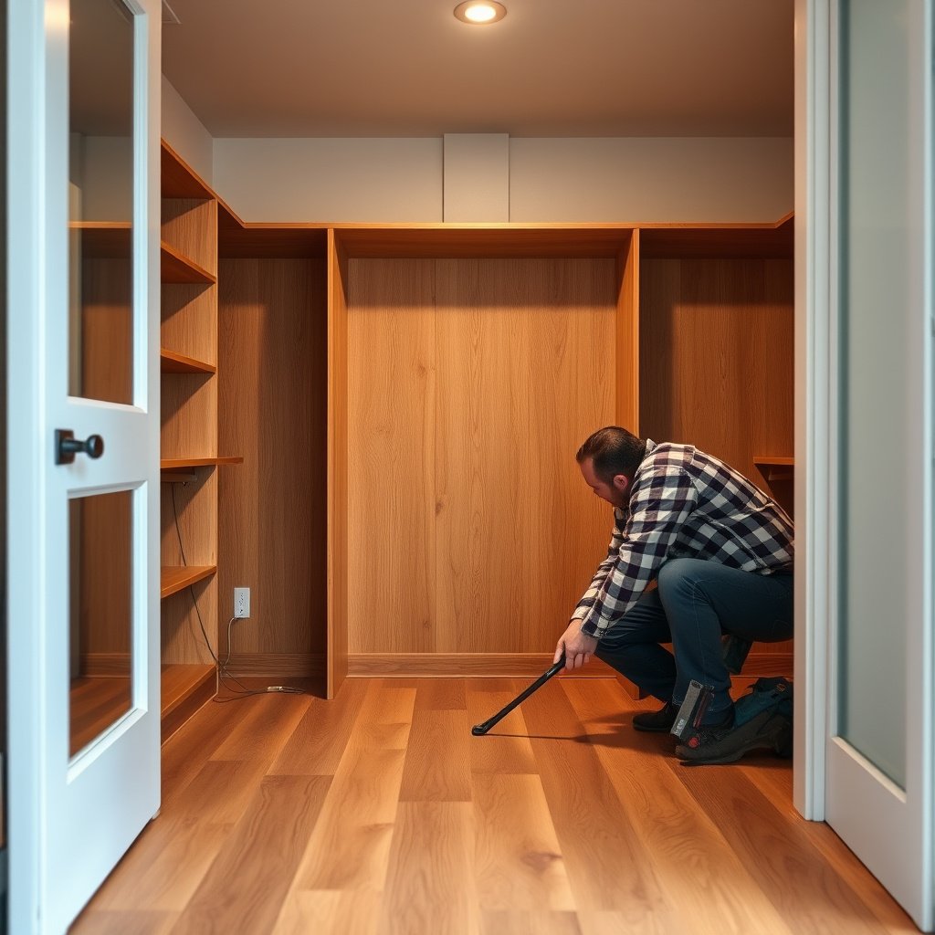 A person inspecting hardwood floors and measuring space for closet installation.