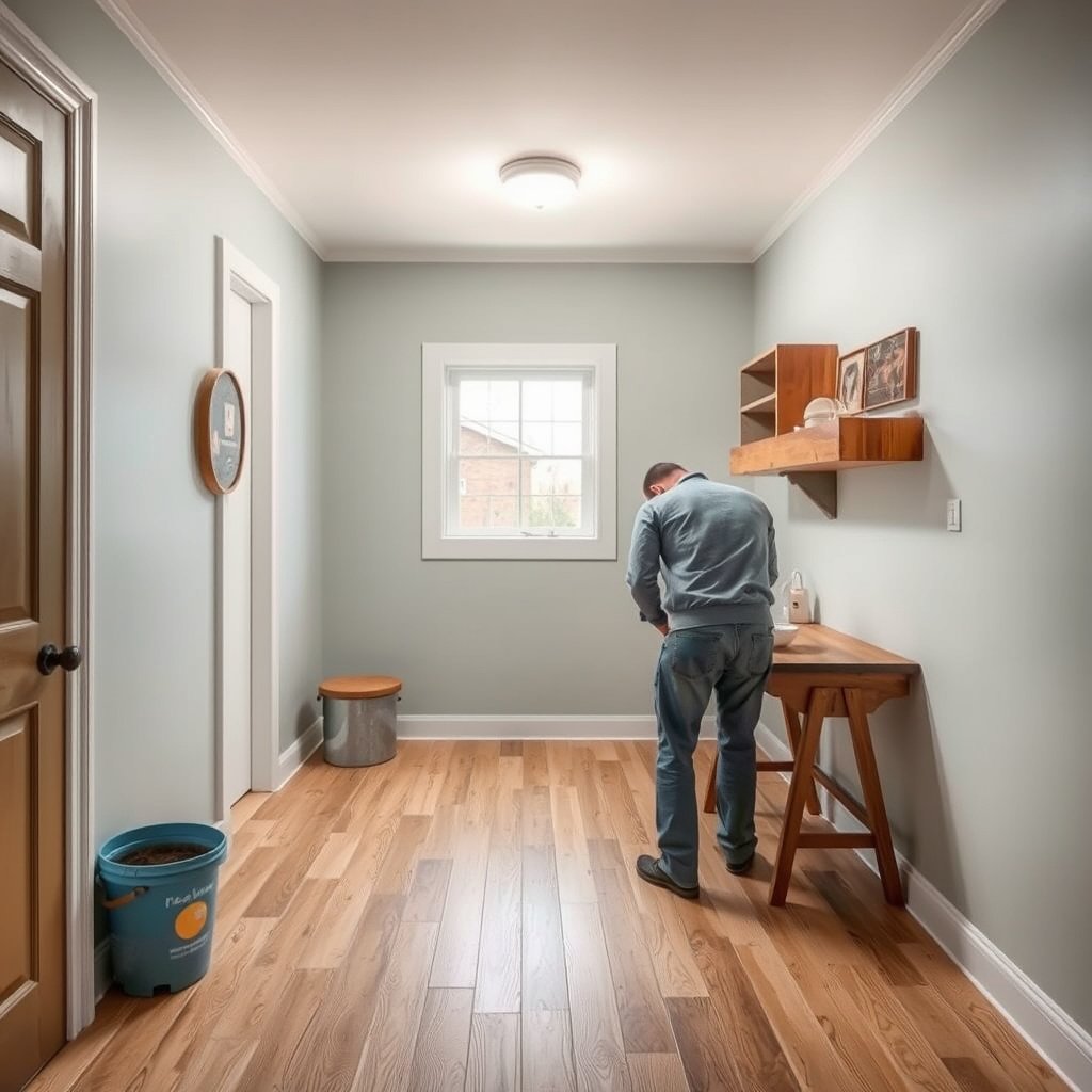 Close-up of a damaged laminate floor in a mudroom, highlighting the areas needing repair and inspection.
