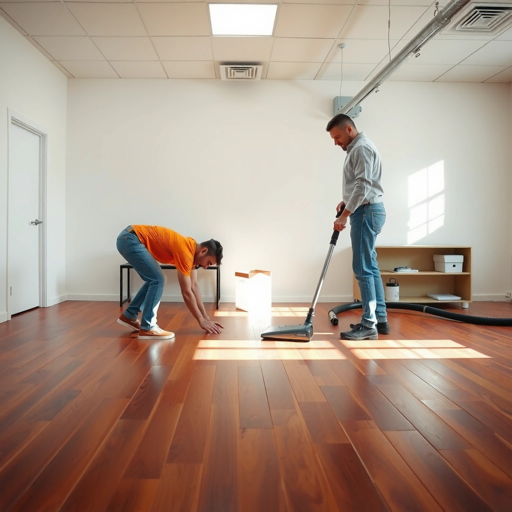 A person inspecting a polyaspartic floor for refinishing, checking its condition and surface.