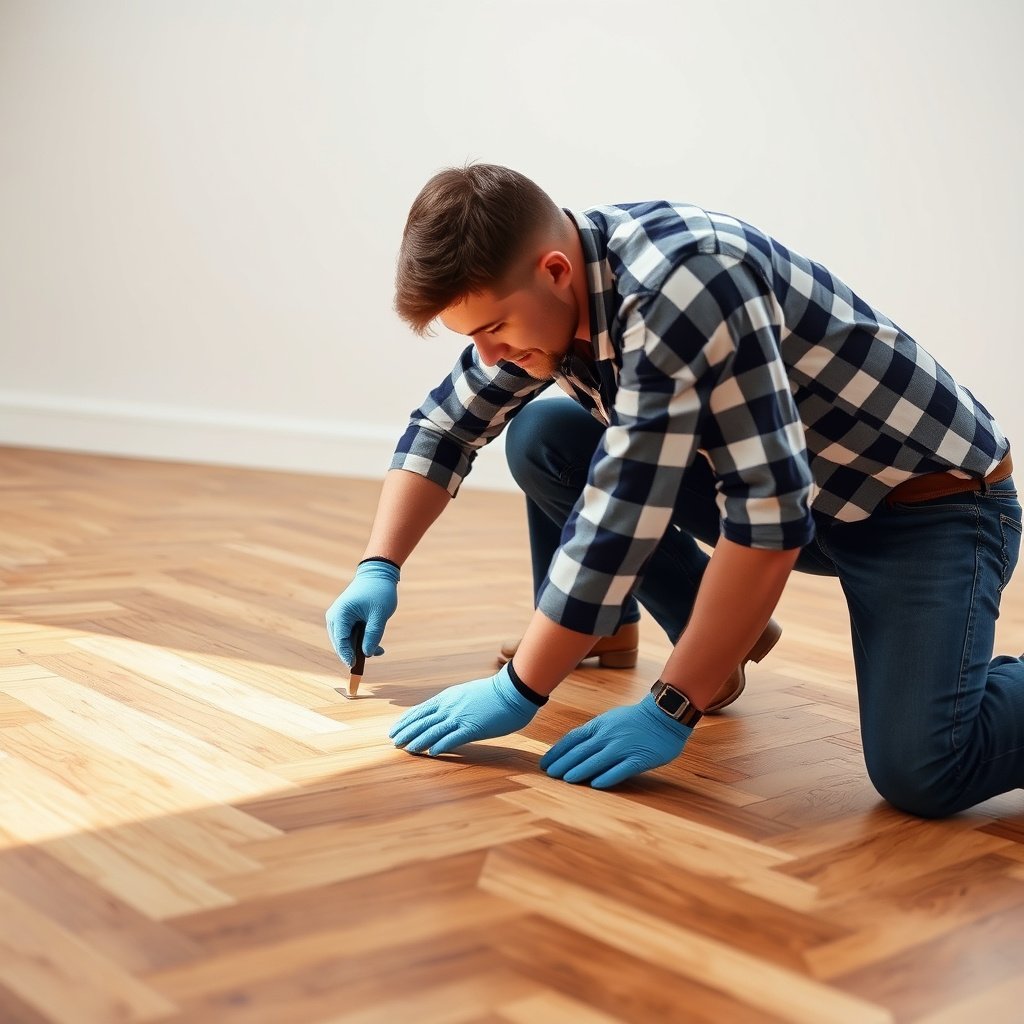 Checking moisture levels and flatness of subfloor for chevron floor repair