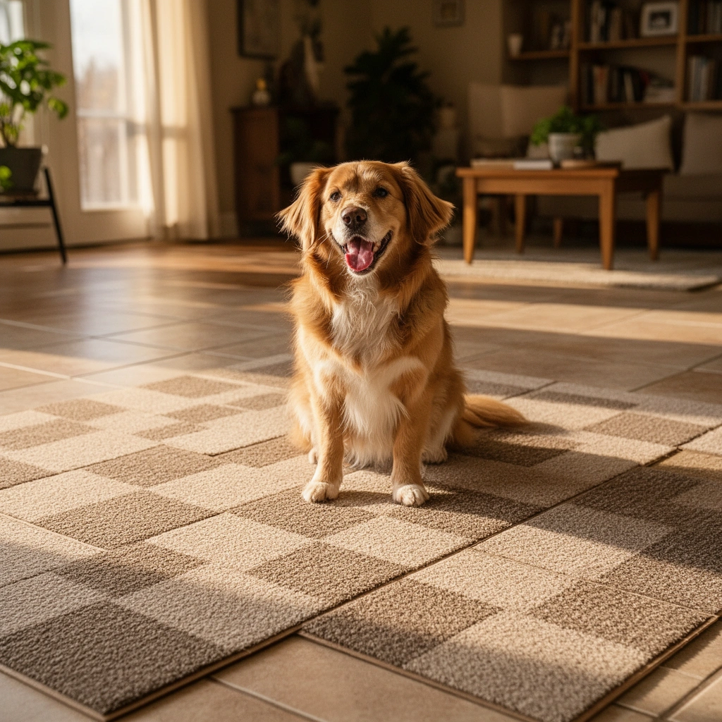 A person checking a tile floor for flatness, cleanliness, and security before installing carpet tiles.