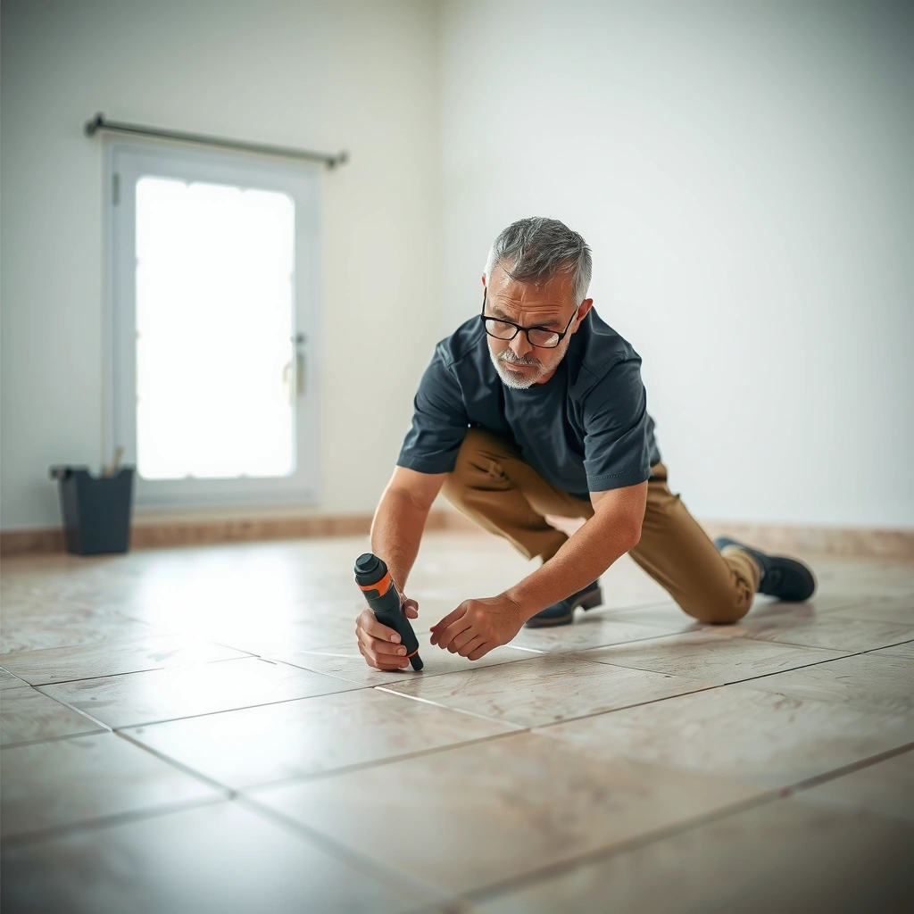 Close-up of a tile floor gap showing grout line and tile separation for repair inspection.
