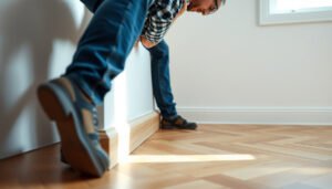 Step-by-step guide for installing baseboards on chevron patterned floors with tools and materials.