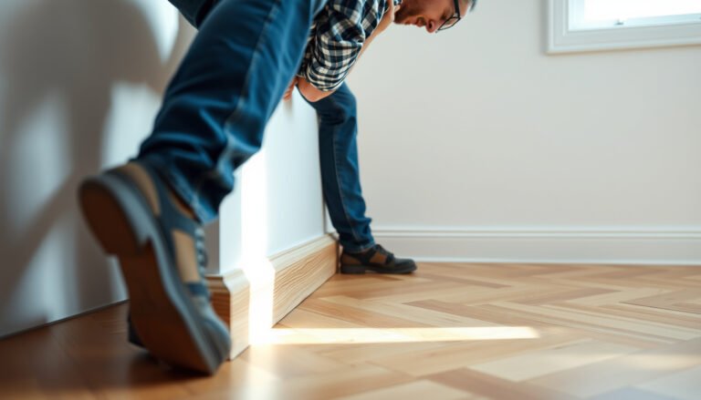 Step-by-step guide for installing baseboards on chevron patterned floors with tools and materials.