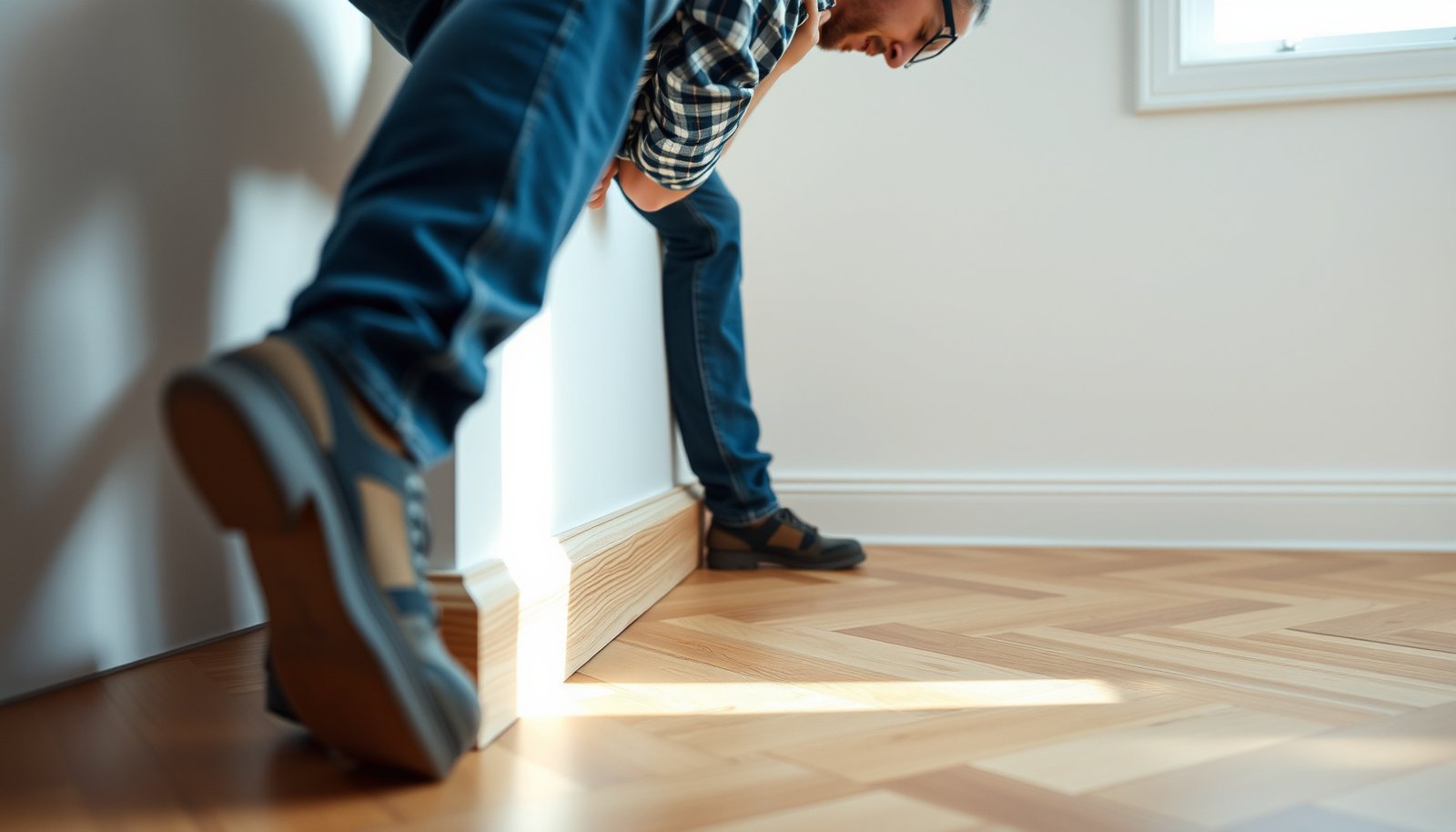 Step-by-step guide for installing baseboards on chevron patterned floors with tools and materials.
