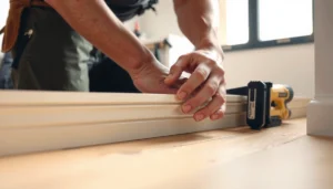Step-by-step guide on installing baseboards with engineered wood floors in a home.