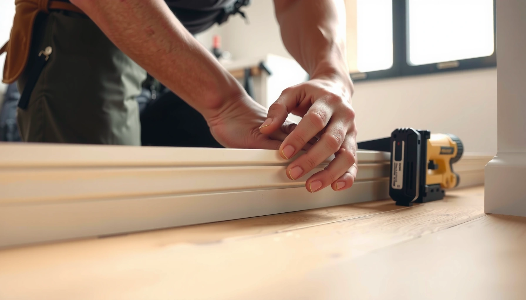 Step-by-step guide on installing baseboards with engineered wood floors in a home.