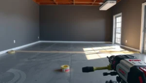 Step-by-step guide on installing baseboards in garage floors, showcasing tools and techniques.