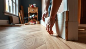 Step-by-step guide on installing baseboards with herringbone flooring design.