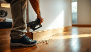 Step-by-step guide on installing baseboards with parquet flooring in a home.