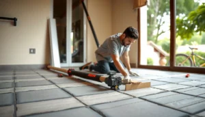 Step-by-step guide on installing baseboards with patio floors, showcasing tools and techniques.