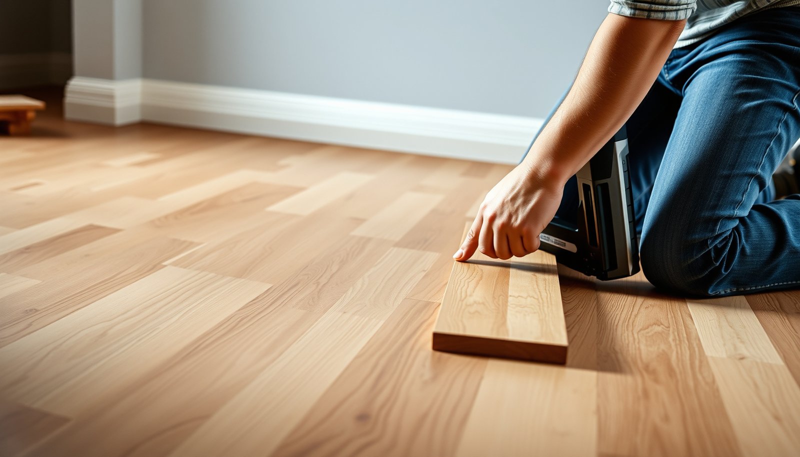 Step-by-step guide for installing baseboards with wood-look tile floors in a home.