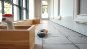 Step-by-step guide on installing baseboards with travertine floors in a home renovation project.