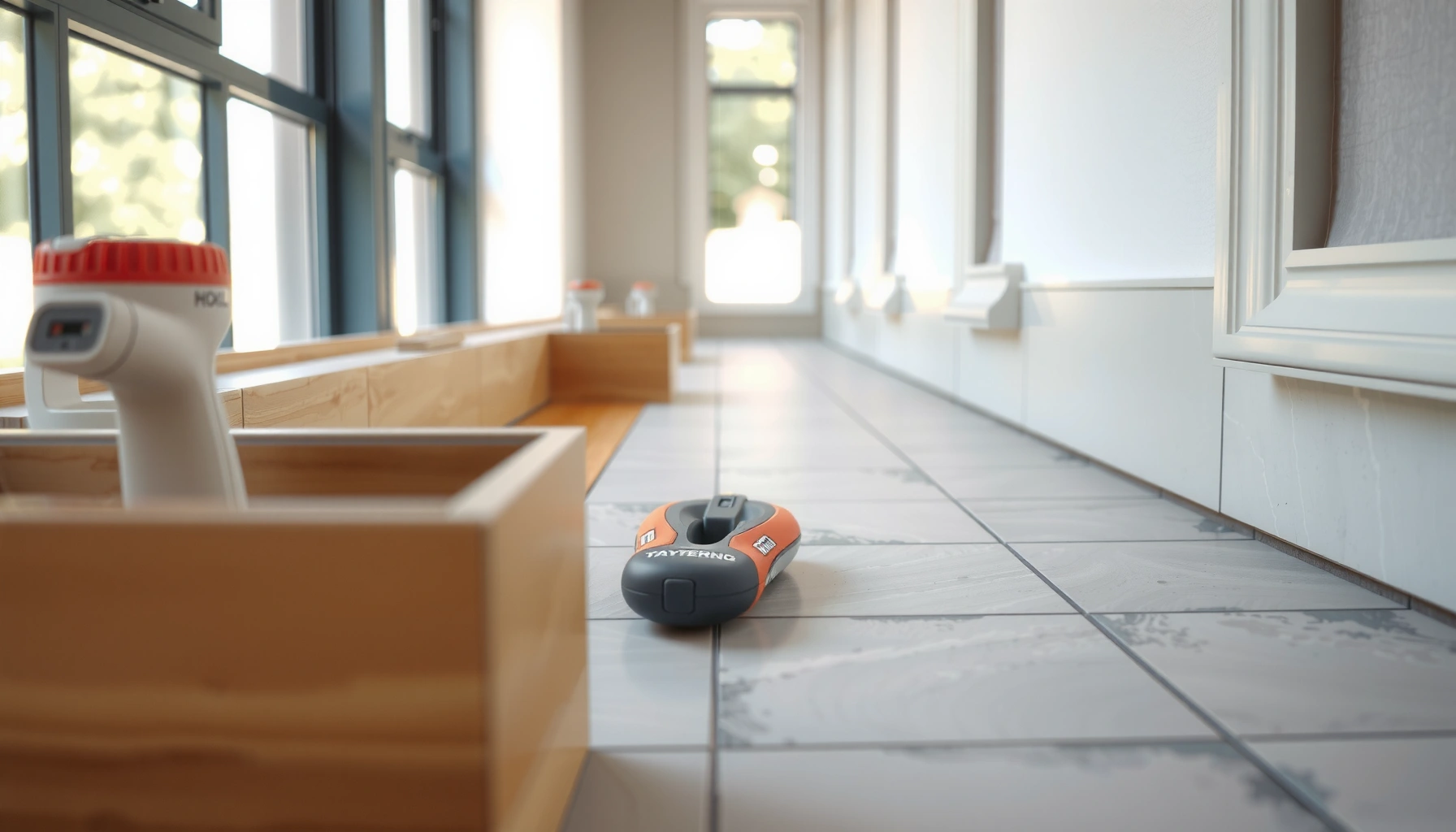 Step-by-step guide on installing baseboards with travertine floors in a home renovation project.