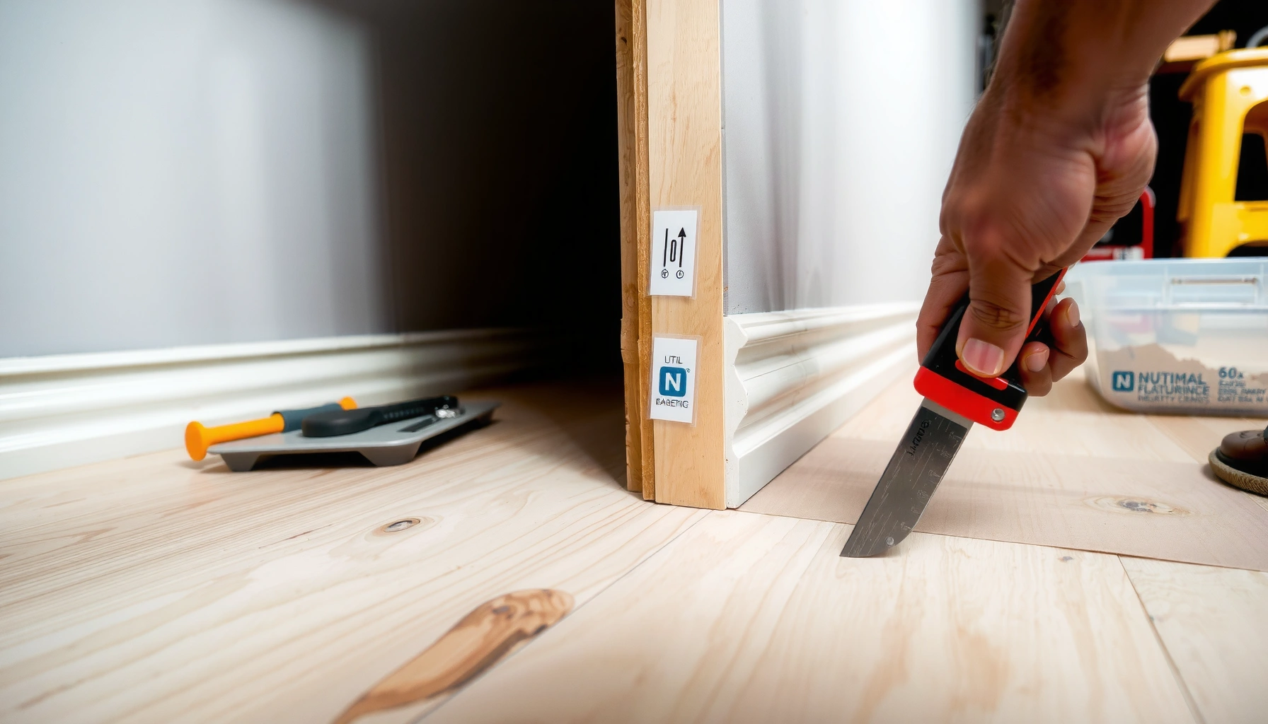 Step-by-step guide on installing baseboards with sheet vinyl flooring.