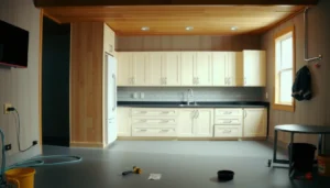 Step-by-step guide for installing basement floors around cabinets in a home.