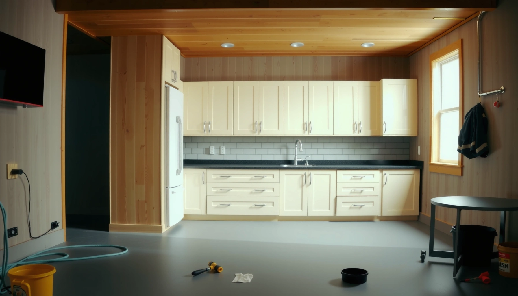 Step-by-step guide for installing basement floors around cabinets in a home.