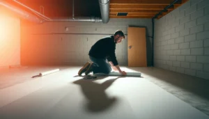 Step-by-step guide on how to install basement sheet vinyl floors with tools and materials shown.