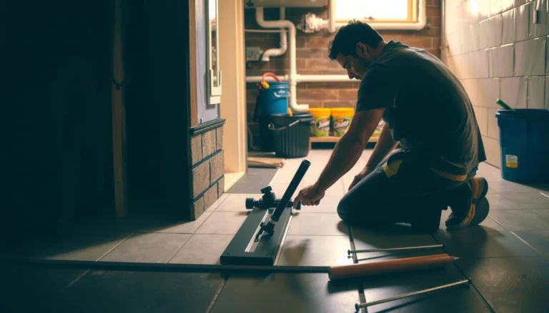 Step-by-step guide for installing bathroom basement floors with tools and materials displayed.