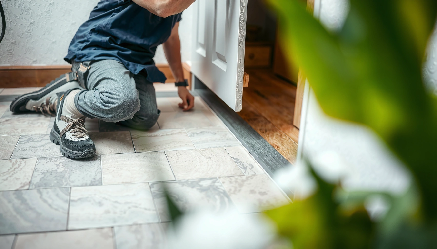 Step-by-step guide on how to install bathroom patio floors with tools and materials displayed.
