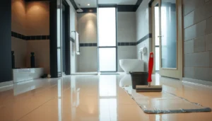 Step-by-step guide for installing bathroom polyaspartic floors with tools and materials displayed.