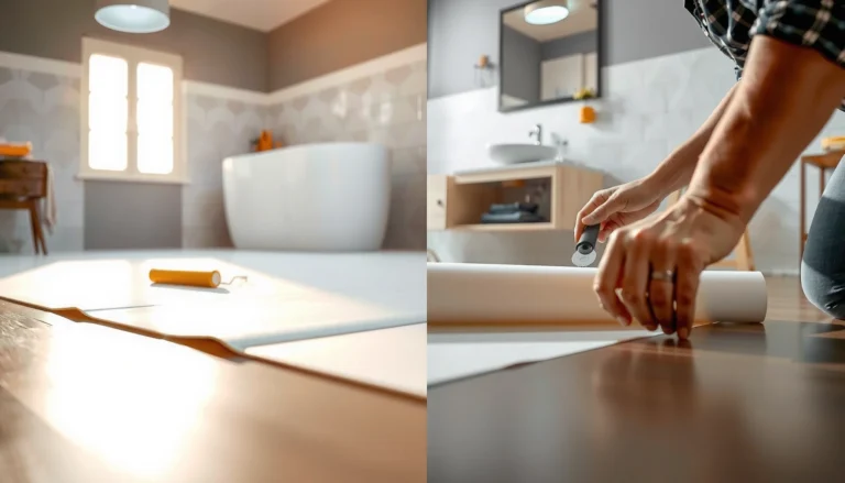 Step-by-step guide on installing bathroom sheet vinyl floors with tools and materials shown.