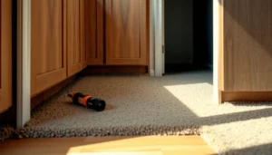 Step-by-step guide on installing carpet floors around kitchen cabinets.