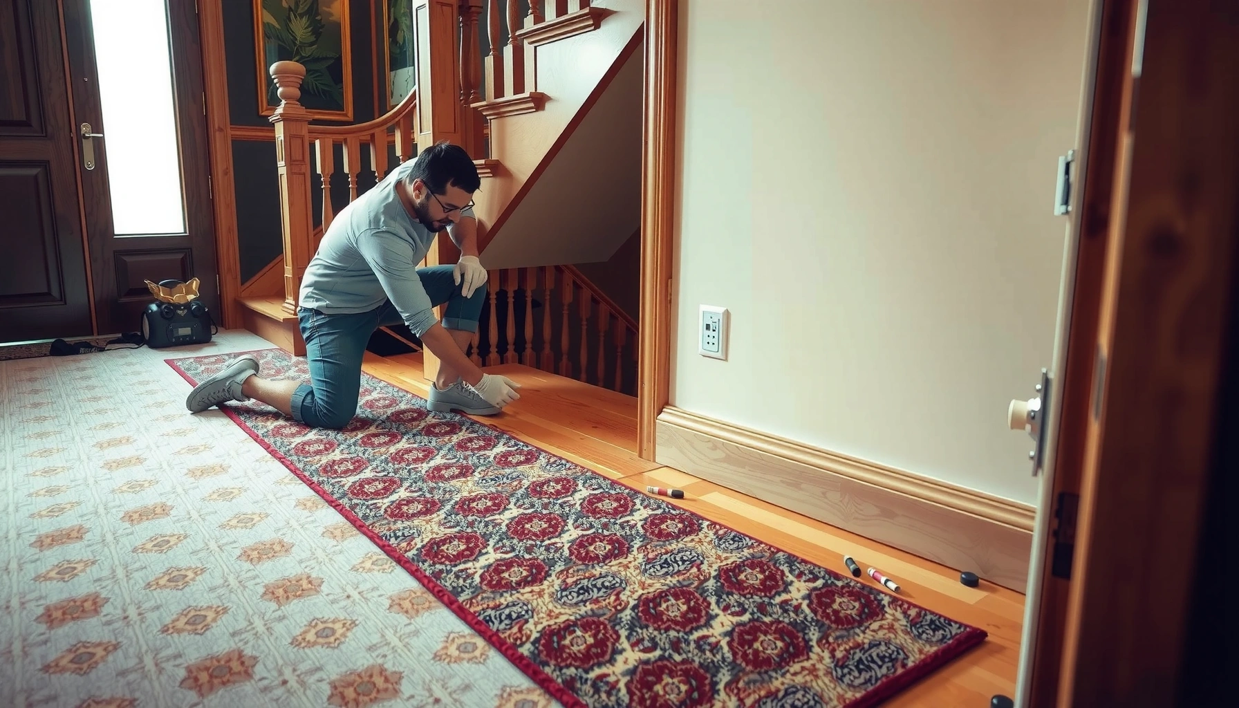Step-by-step guide for installing carpet around stairs flooring.