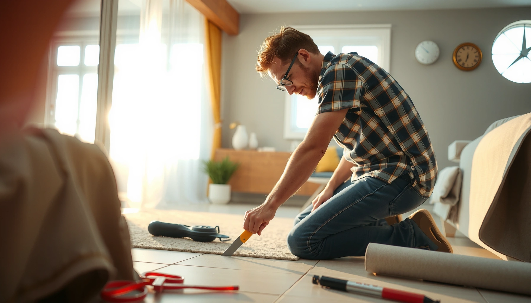 Step-by-step guide to installing carpet over tile floors with tools and materials shown.