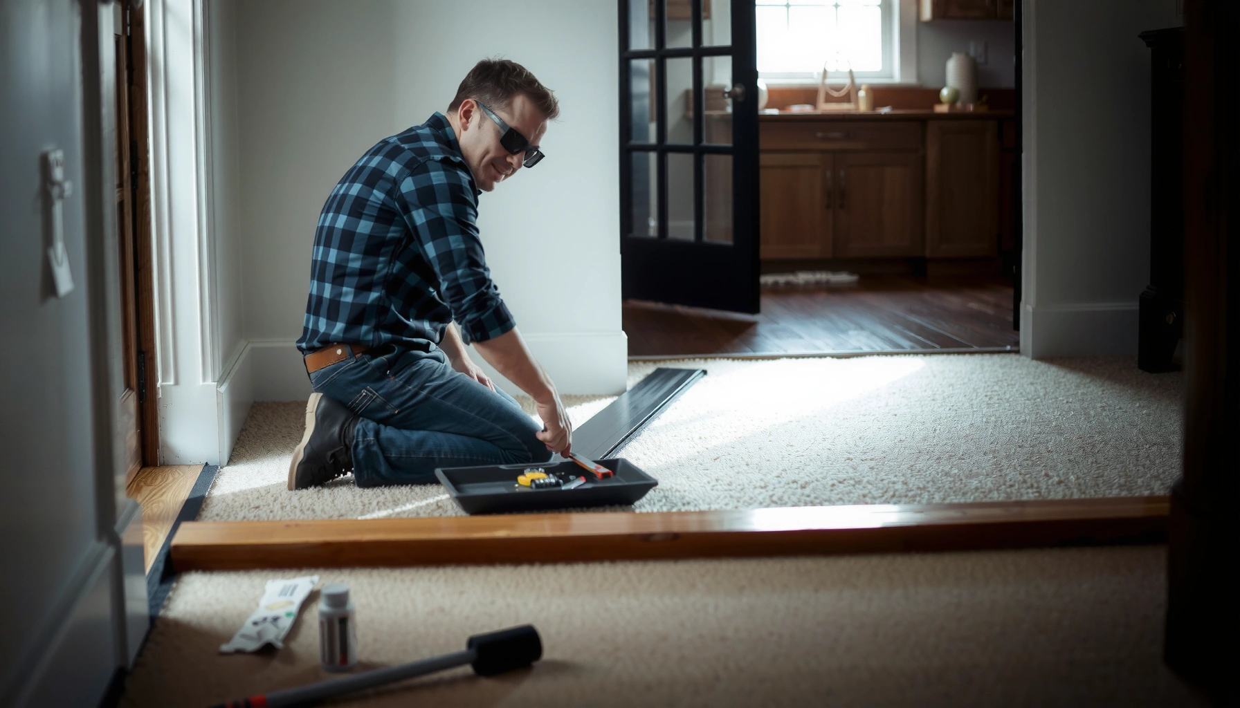 Step-by-step guide on how to install thresholds for carpet tiles in a home.