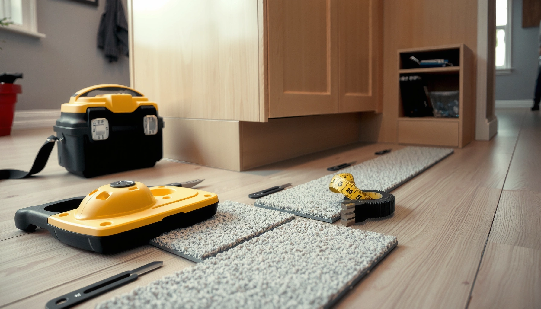 Step-by-step guide on installing carpet tiles around kitchen cabinets.