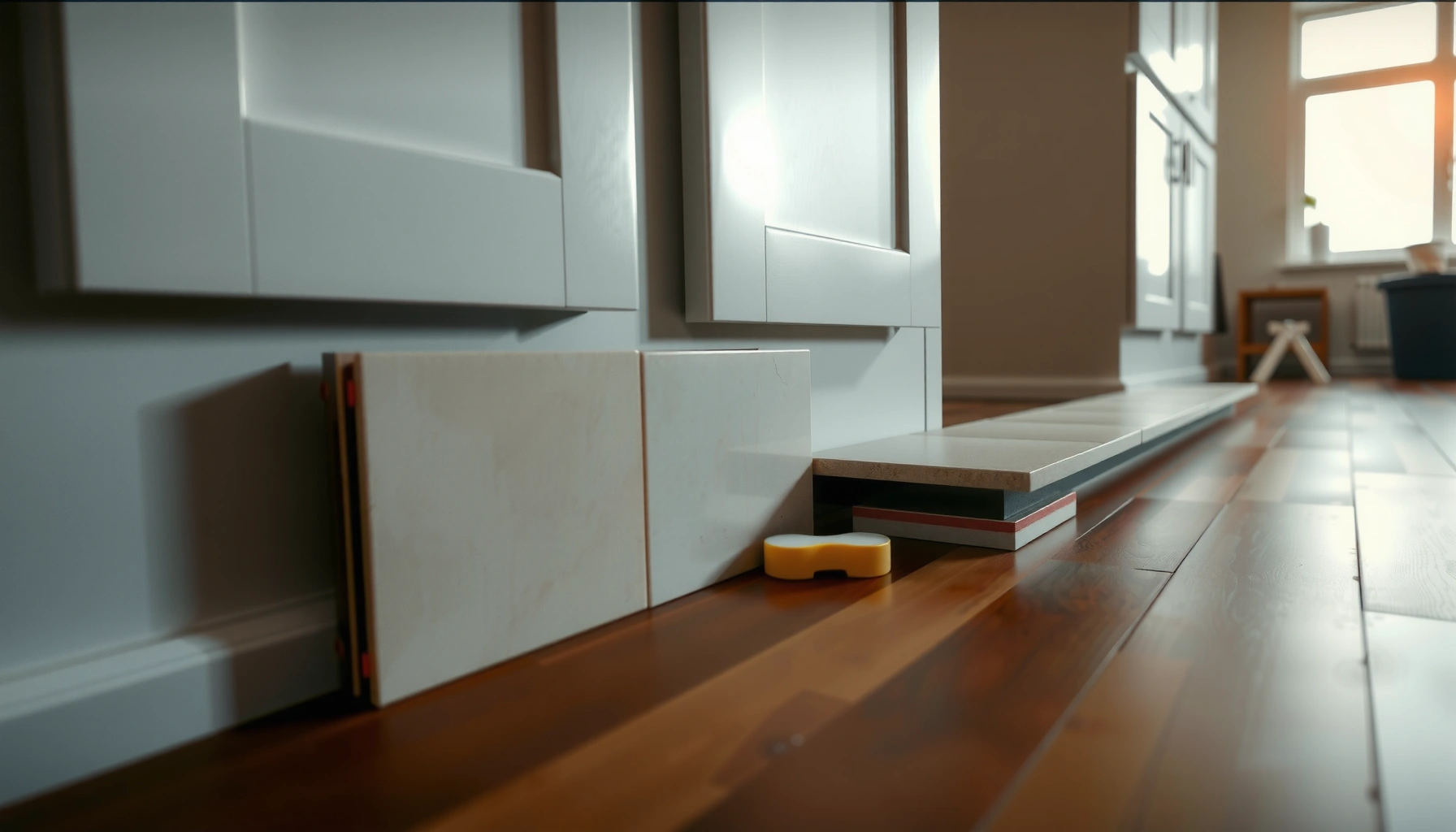 Step-by-step guide on installing ceramic tile floors around kitchen cabinets