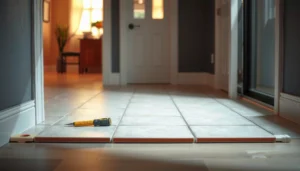 Step-by-step guide on how to install ceramic tile floors around doors, showcasing tools and techniques.