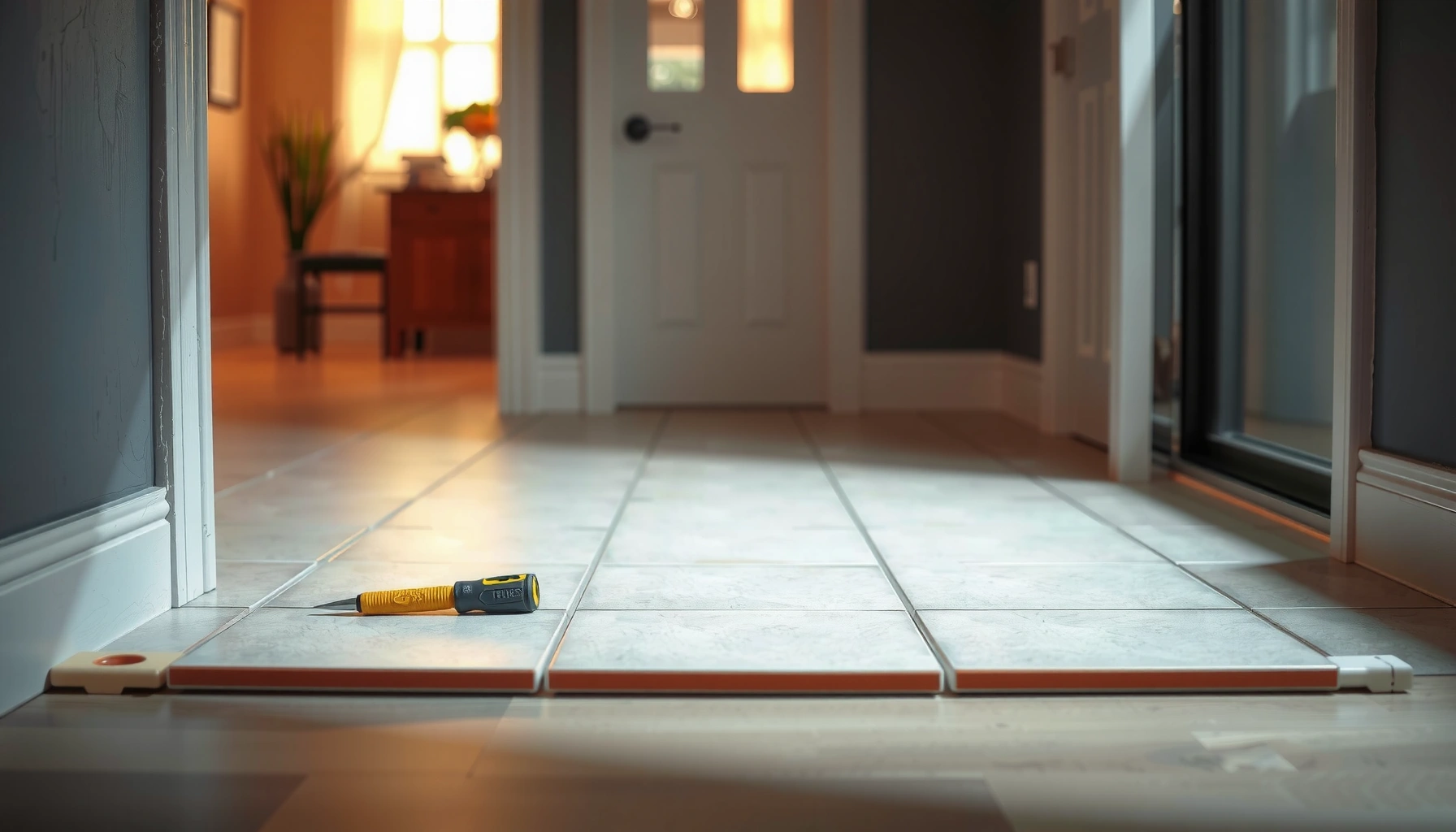 Step-by-step guide on how to install ceramic tile floors around doors, showcasing tools and techniques.