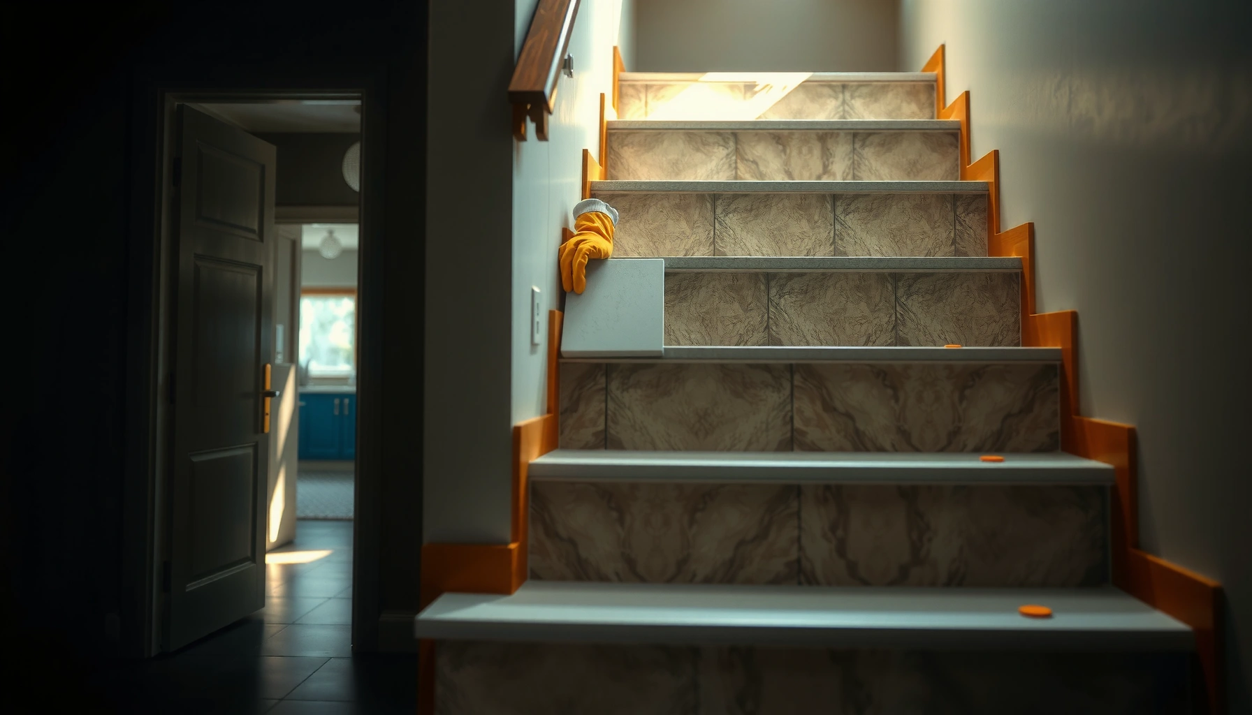 Step-by-step guide to installing ceramic tile floors on stairs with tools and materials shown.