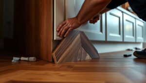 Step-by-step guide on how to install chevron floors around kitchen cabinets.