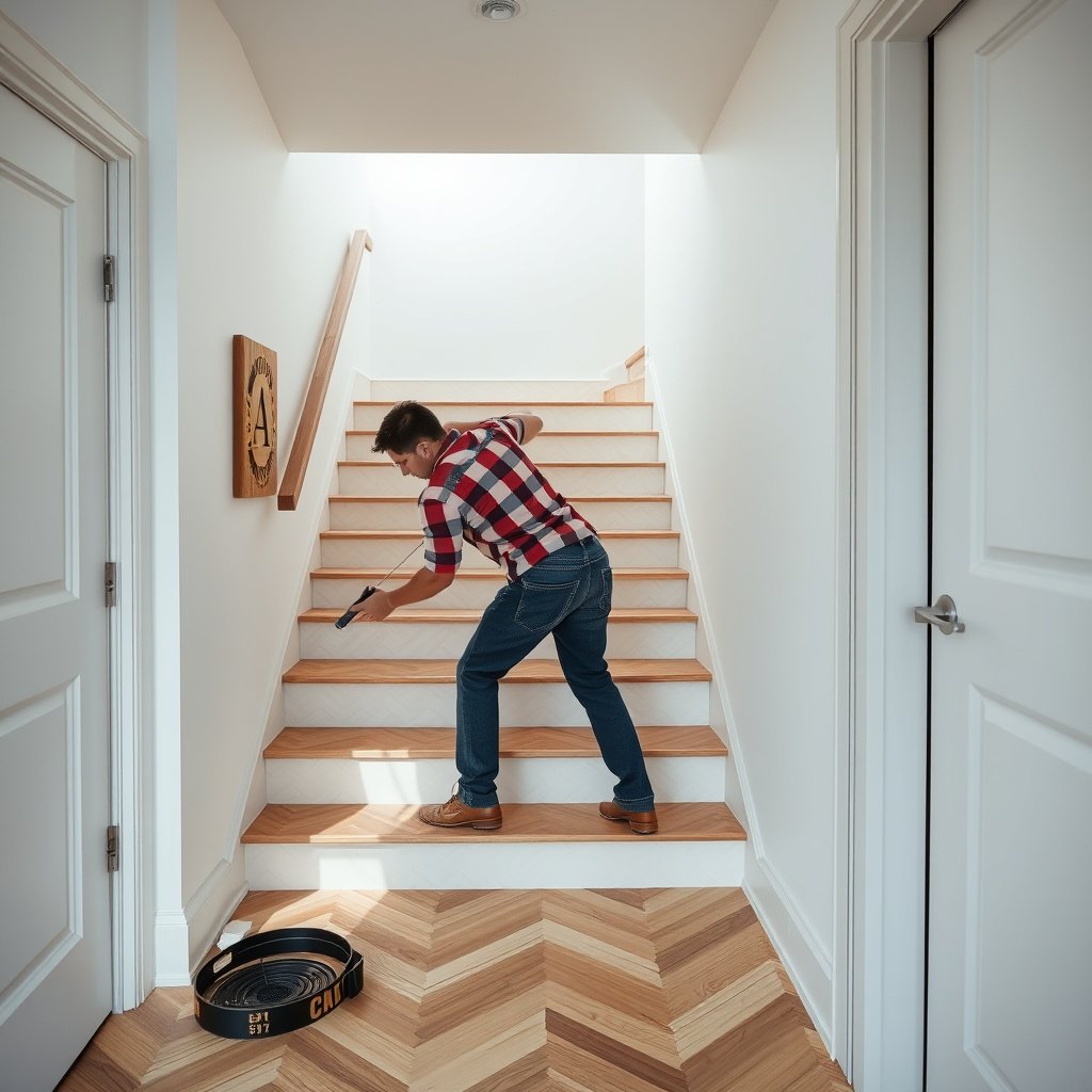 Cutting and installing chevron flooring around stair treads and risers for a stylish finish