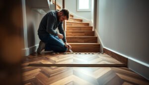 Step-by-step guide for installing chevron floors around stairs in a home renovation project.